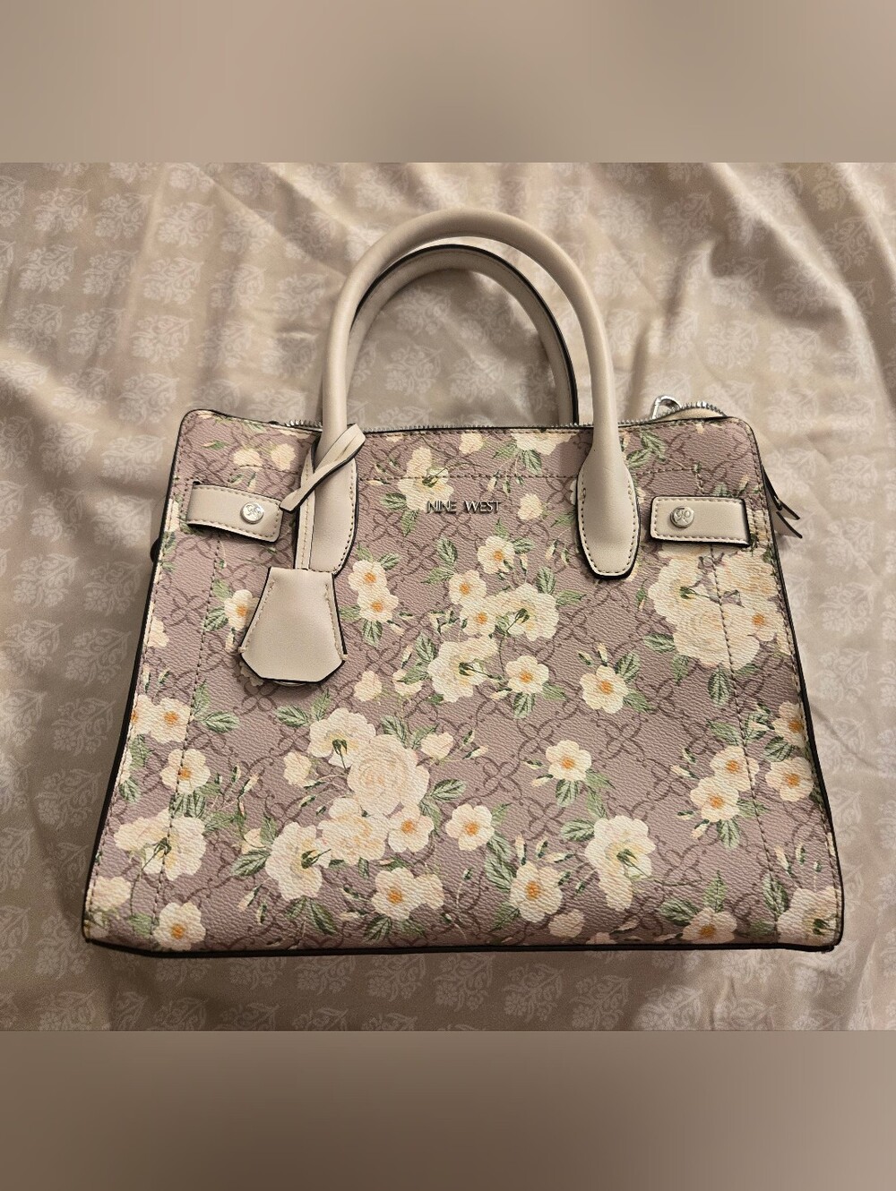 Nine West Floral Print Satchel Bag in Mauve and Cream
